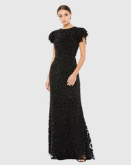 Black High Neck Flutter Cap Sleeve Gown