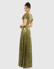 Green Sequined Butterfly Sleeve Wrap Over A Line Gown