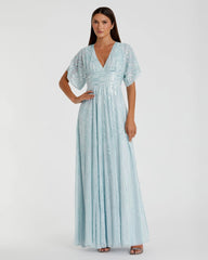 Blue Embellished V Neck Evening Gown
