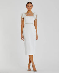 Feather Cap Sleeve Pearl Embellished Tea-length Dress