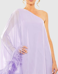 Purple One Shoulder Trapeze Dress with Feather Trim