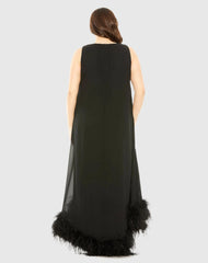 Black High Neck Feather Hem Gown