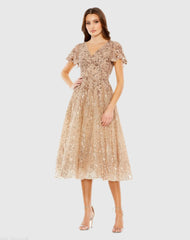 Embellished Butterfly Fit and Flare Tea-Length Dress