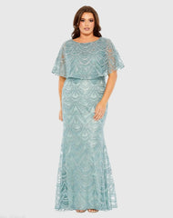 Blue High Neck Embellished Column Dress With Cape (Plus) - FINAL SALE