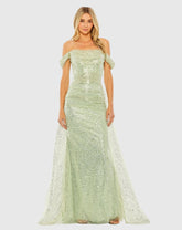 Off the Shoulder Sequin Panel Train Gown