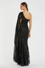 Black One Shoulder Cape Sleeve Embellished Gown