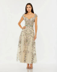 Ivory Floral Embroidered Sweetheart Neckline Midi Dress
