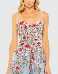 Blue Bustier Embroidered Floral A-Line Dress