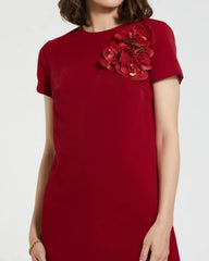Red Crepe Cap Sleeve Mini Dress With 3D Flower Details