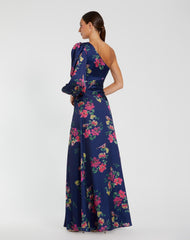 Navy One Sleeve Floral Print Charmeuse Gown With Slit