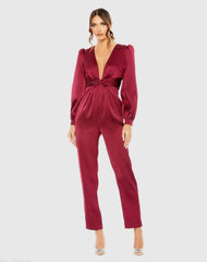 Front Twist Puff Sleeve Deep V Jumpsuit