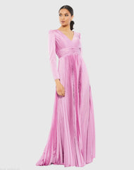 Pleated Long Sleeve V-Neck Gown