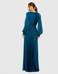 Blue Pleated High Neck Long Sleeve Gown with Slit