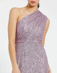 Purple Sequined Ruched One Shoulder Gown