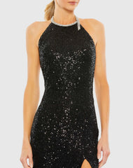 Black Sequined High Neck Rhinestone Trim Column Gown