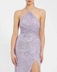 Purple Halter Neck Ruched Side Front Slit Sequin Gown