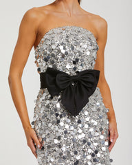 Silver Strapless Paillette Column Midi Dress With Bow