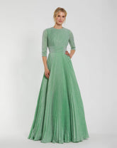 Green Pleated Shimmering 3/4 Sleeve Ball Gown