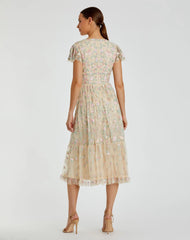 Beige Multicolor Embroidered V Neck Cap Sleeve Midi Dress - FINAL SALE