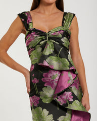 Black Brocade Wide Strap Ankle Length Dress With Ruffle