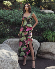 Black Brocade Wide Strap Ankle Length Dress With Ruffle