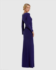 Purple Long Sleeve Jersey Ruched Gown With Beaded Neck