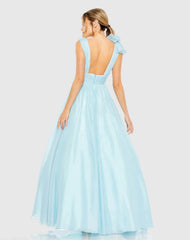 Light Blue Ruffle Shoulder V-Neck Chiffon Gown