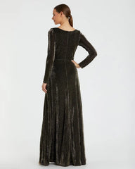 Black Long Sleeve Faux Wrap A Line Gown - FINAL SALE