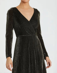 Black Long Sleeve Faux Wrap A Line Gown - FINAL SALE