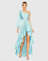 Blue Long Sleeve One Shoulder Satin High Low A-line Gown