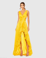 Yellow Cut Out High Low Ruffle Gown