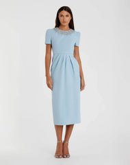 Blue Short Sleeve Rhinestone Neckline Sheath Dress