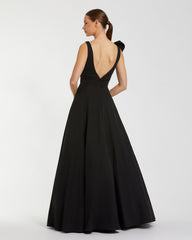 Black Sleeveless Plunge Neck Ball Gown With Bow Detail