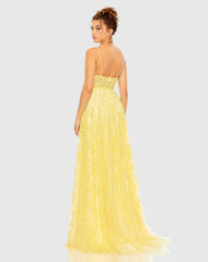 Yellow Floral Applique Cami A Line Gown