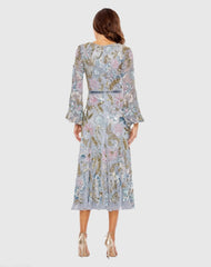 Gray Long Cuff Sleeve Embellished Midi Dress