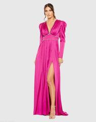 Rhinestone Trim Puff Sleeve Gathered Gown
