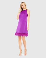 Purple Feathered Hem High Neck Sleeveless Trapeze Dress - Final Sale