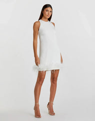 White Feathered Hem High Neck Sleeveless Trapeze Dress - Final Sale