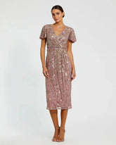 Purple Embellished Faux Wrap Flutter Sleeve Dress