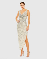 Silver Sequined Faux Wrap Sleeveless Midi Dress