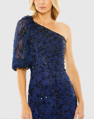 Navy One Shoulder Puff Sleeve Embellished Column Gown