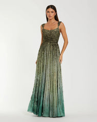 Green Sleeveless Sequin A Line Ombre Gown