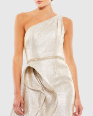 Gold One Shoulder Metallic Ruffled Evening Gown