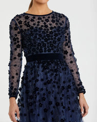 Navy Velvet Embellished Illusion Long Sleeve A-Line Midi Dress
