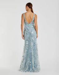 Blue Embellished Sleeveless Plunge Neck Gown