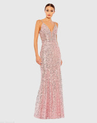 Pink Embellished Plunge Neck Sleeveless Trumpet Gown - FINAL SALE