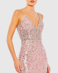 Pink Embellished Plunge Neck Sleeveless Trumpet Gown - FINAL SALE
