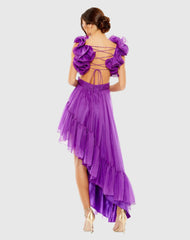 Purple Ruffle Tiered Cut-Out Chiffon High Low Gown