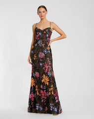 Black Multicolor Floral Embroidered Trumpet Gown