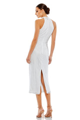 White Hand Embellished Halter Neck Midi Sheath Dress